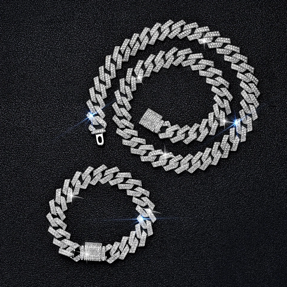 Men's 15MM White Gold Plated Iced CZ Out Miami Cuban Link Bracelet Chain Set - Изображение 1 из 1