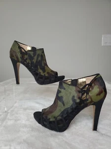 Nine West Size 6 M  Camo  NWESTEFANIA Leather Fur Ankle Boots Womens HEELS PEEP - Picture 1 of 10