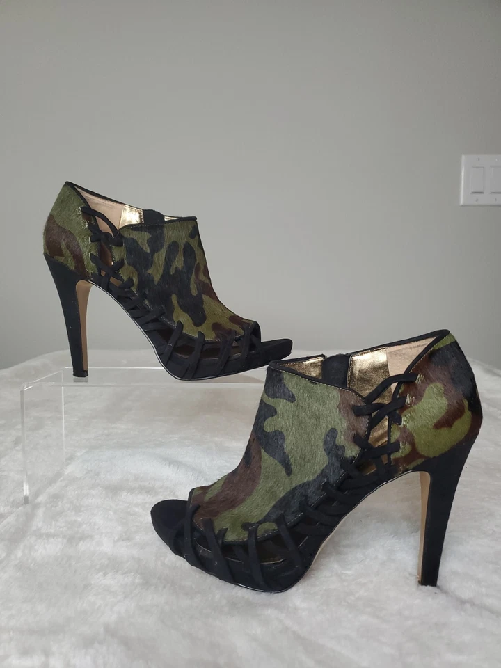 Nine West Size 6 M  Camo  NWESTEFANIA Leather Fur Ankle Boots Womens HEELS PEEP - Image 1 of 4