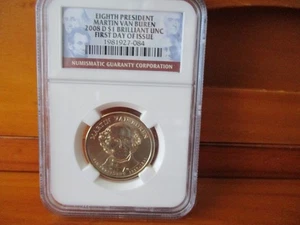 2008-D NGC Stempelglanz Martin Van Buren Dollar 1. Ausgabetag - Bild 1 von 4