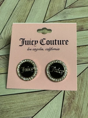 NEW Juicy Couture Earrings JC Logo, Black Enamel & Rhinestones in Gold Tone - Image 1 of 4
