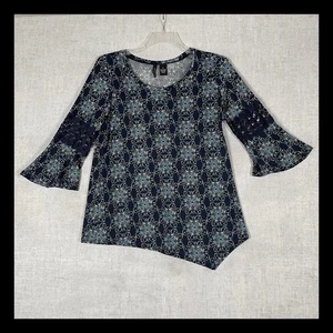 New Directions Top Small Blue Teal Geo Print Bell Sleeve Asymmetrical Hem Blouse - Picture 1 of 9