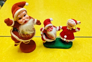Vtg- SANTA & MRS. CLAUS-Flocked Figures-Kitschy Christmas + Dancing SANTA - Picture 1 of 3