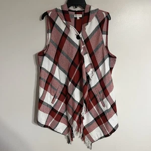 Tartan Check Plaid Wrap Duster Poncho Hooded Women’s XL Red White Black Vest - Picture 1 of 15