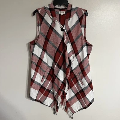 Tartan Check Plaid Wrap Duster Poncho Hooded Women’s XL Red White Black Vest - Image 1 of 4
