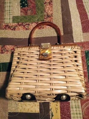 Vintage Hong Kong Wicker Basket Handbag Purse W/ Amber Lucite Handle, latch, etc - Image 1 of 4