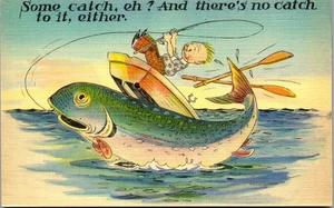 Vintage Comic Humor Postcard Exaggeration Fishing Fish Some Catch!  - Picture 1 of 3