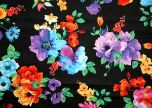 LARGE COLORFUL FLOWERS ON BLACK FROM HI FASHION FABRICS - 100% COTTON FABRIC - Picture 1 of 6