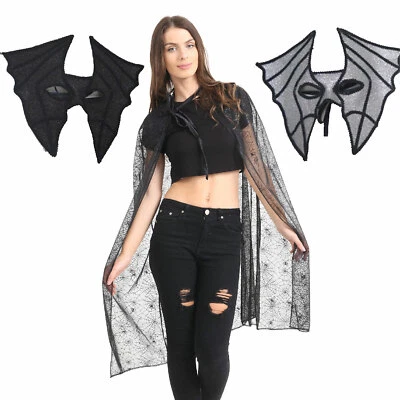 WICKED FUN DAMEN SCHWARZ NETZ SPINNE UMHANG UND FLEDERMAUS MASKE HALLOWEEN KOSTÜM PARTY SET UK