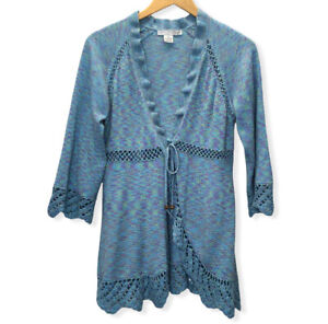 RXB Ruffle Cardigan Sweater Women Size Small Tie Front Crochet Trim Blue