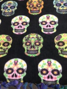 Fleece Knotted Tied Blanket - Sugar Skulls - Handmade -Blanket 70" x 58"