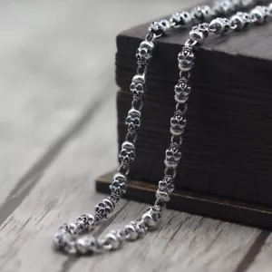 Solid 925 Sterling Silver Mens Heavy Skull Beaded Chain Clasp Necklace 60cm - Picture 1 of 9