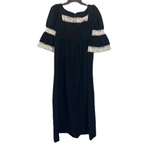 Gunne Sax Vintage Black Felt Long Dress Lace Neck Bell Sleeve Accents Size 11 - Picture 1 of 14
