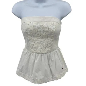 Hollister Tube Top SZ S White Floral Crochet Lace Peplum Smocked Pull On Cotton - Picture 1 of 12