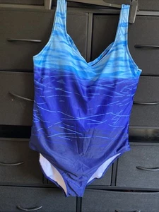 One Piece Swimsuit Blue Ombre Printed Padded Bikini Crisscross Back Womens 2XL - Picture 1 of 4