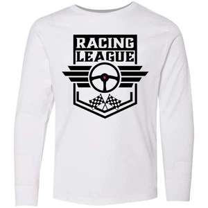Inktastic Racing League With Race Car Wheel And Wings Youth Long Sleeve T-Shirt - Picture 1 of 1