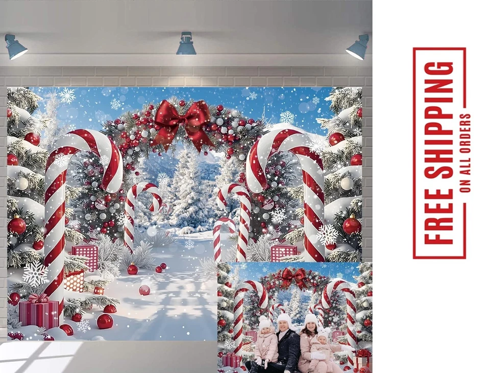Merry Christmas Candy Cane Backdrop for Photography Winter Snow Scenery Chris... - Image 1 of 4