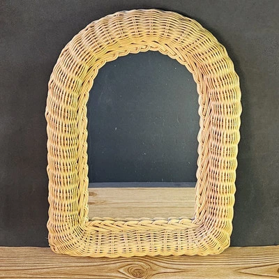 Vintage Wicker Rattan Arched Wall Mirror Cottage Core Boho Coastal MCM 16"x12"  - Image 1 of 4