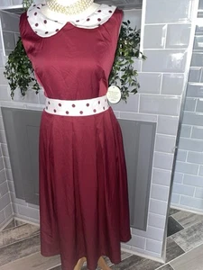 BNWT BURGUNDY RED & CREAM POLKA 1950S ROCKABILLY LINDY BOP DRESS SIZE 16-18 - Picture 1 of 6