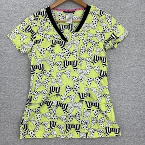 Heart Soul Scrub Top Womens Extra Small Green Bows Short Sleeve Nurse Uniforms - Picture 1 of 11