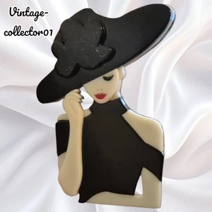 Modern Arcrylic Handmade BROOCH 3D Elegant Big Floral Black Hat Lady BN - Picture 1 of 4