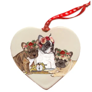 French Bulldog Porcelain Valentine's Day Heart Ornament Double-Sided - Picture 1 of 2