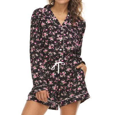 Flora by Fiona Nikrooz 2-piece Notch Collar PJ Set Shorts Black Floral U pick - Image 1 of 4