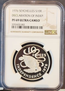 1976 SEYCHELLES SILVER 10 RUPEES S10R INDEPENDENCE NGC PF 69 ULTRA CAMEO TOP POP - Picture 1 of 3