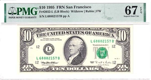 1995 $10 FRN San Francisco PMG Superb Gem Uncirculated 67EPQ #L68882157B - Picture 1 of 2