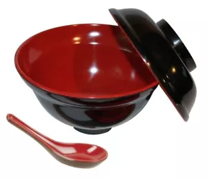 Rice Miso Soup Bowl with Lid and Spoon Black & Red Color 21 oz S-3424+2384 - Picture 1 of 2