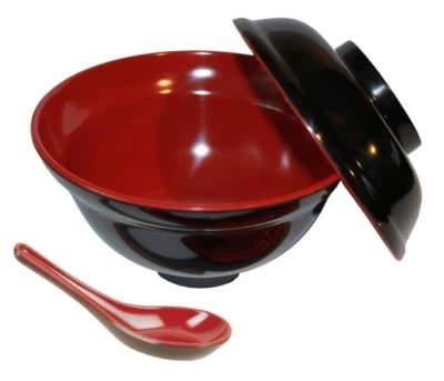 Juego de 4 tazones de sopa de arroz miso con tapa y cuchara color negro y rojo 21 oz S-3424+2384x4 Foto 1 de 2