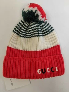 Gucci Kids Red/White/Green Embroidered Trademark Pompom Beanie Hat S 627576 6566 - Picture 1 of 5