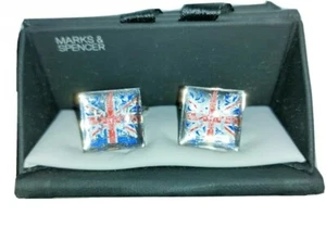 Cufflinks Silver Blue Square M&S Gift Boxed Union Jack British Flag Retro Design - Picture 1 of 6