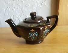 Vintage Teapot, Japan Hand Painted Brown Porcelain Tea Pot with Embossed Flowers
