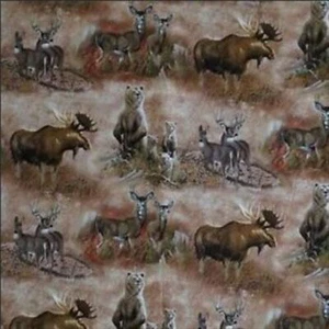 2/3 Yard Northern Rim Moose Bear Brown Grassy Field Cotton Fabric - Picture 1 of 2