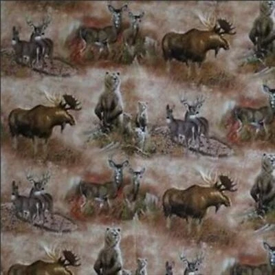 2/3 Yard Northern Rim Moose Bear Brown Grassy Field Cotton Fabric - Image 1 of 2