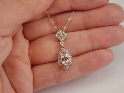 3 Ct Pear Cut Lab Created Morganite Halo Pendant 14K Rose Gold Plated Free Chain - Image 1 of 4
