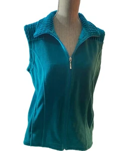 Women's Velour Aqua Size Medium Petite Vest Full Zip Smocked Top Front Pockets - Picture 1 of 15