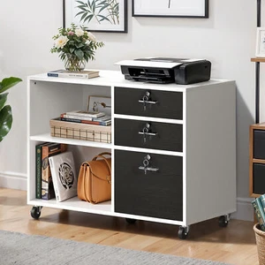 Portable Printer Stand Desk w/ 3 Drawers & Open Shelves Lockable Filing Cabinet - Picture 1 of 11