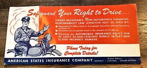 1943 Vintage Advertising Ink Blotter MOTORCYCLE COP American States Insurance