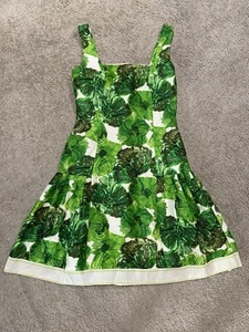 Tracy Reese Women Green Print Pleated Bow Back Silk Dress Sz 6 Square Neck Lined - Picture 1 of 19