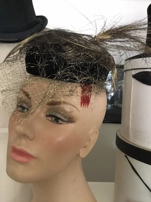 Vintage Fascinator Hat MR. HENRY Blk Velvet Gold Feather Attachment Mesh Unusual - Image 1 of 4