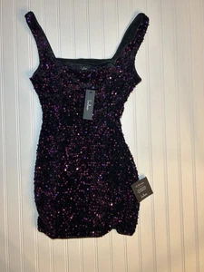 NWT Lulu’s Dark Purple Mini Dress Sequin Velvet Square Neck Small - Picture 1 of 9