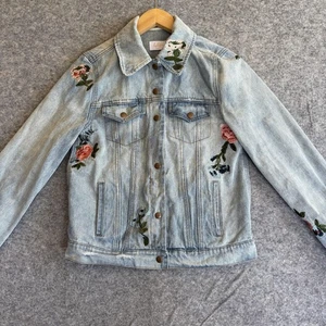 Jeansjacke Damen klein blau Denim bestickt Blumen Rose Trucker Boho - Bild 1 von 9