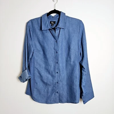 Blusa Top Kim Rogers Botton Frontal Mujer Talla S Azul Cambray Mangas con lengüeta enrollable Foto 1 de 4