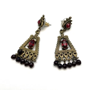 Vintage Filigree Gold Tone Dangle Beaded Earrings Chandelier Boho Estate - Picture 1 of 7