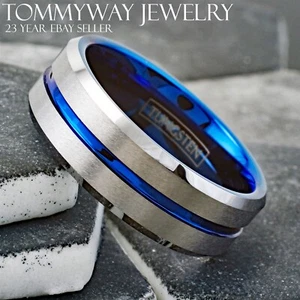 Wolframhartmetall Herren Ring gebürstet silber dünn blau Linie Hochzeitsband Schmuck - Bild 1 von 12
