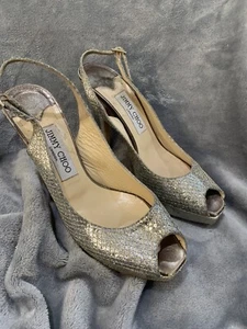 Jimmy Choo Nova Glittered Metallic Open Toe Slingback Platform Pump 37.5-7.5 - Picture 1 of 8