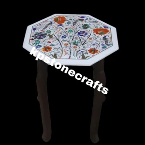 15" Octagonal White Marble "Flower of Life" Inlay Table Top - Picture 1 of 7