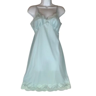 Vintage Aristocraft Nylon Full Slip Size 34 Light Blue Lace Trim Made In USA - Image 1 of 4